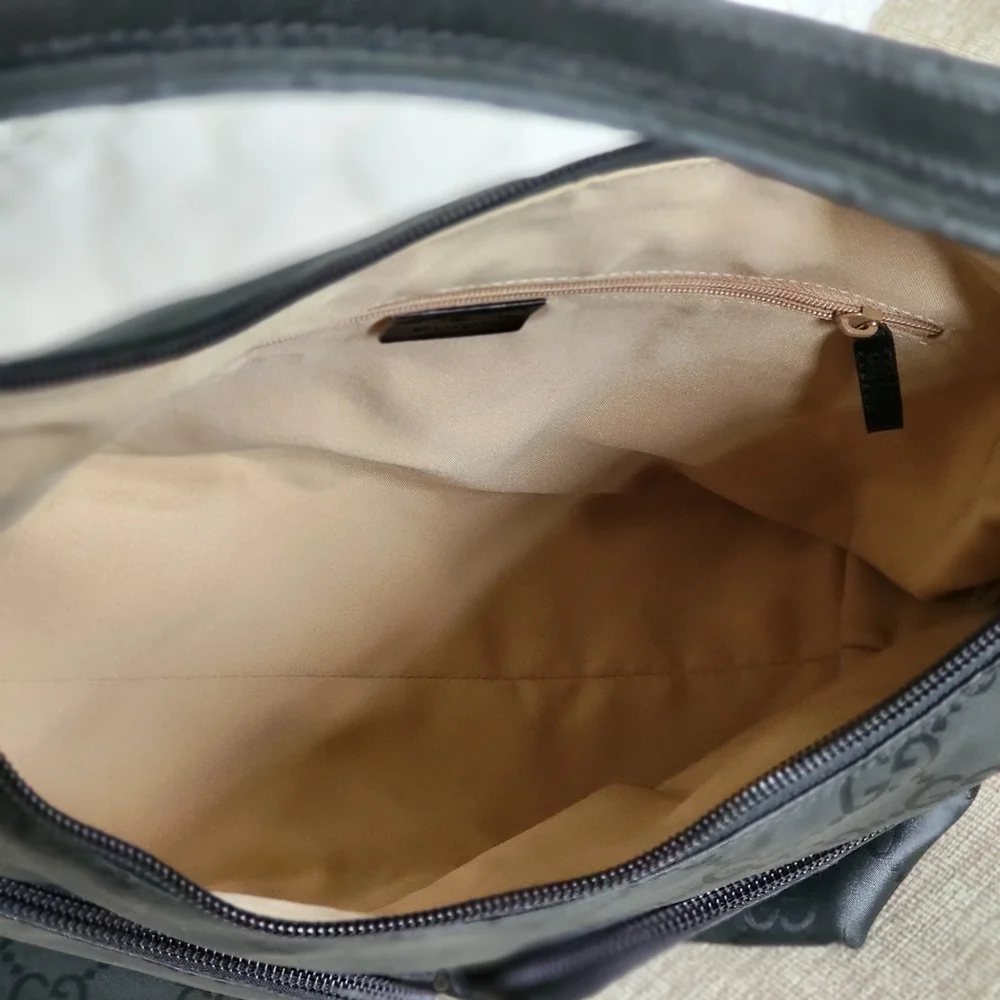 Gucci Black GG Nylon and Leather Double Pocket Hobo.. Authentic!!